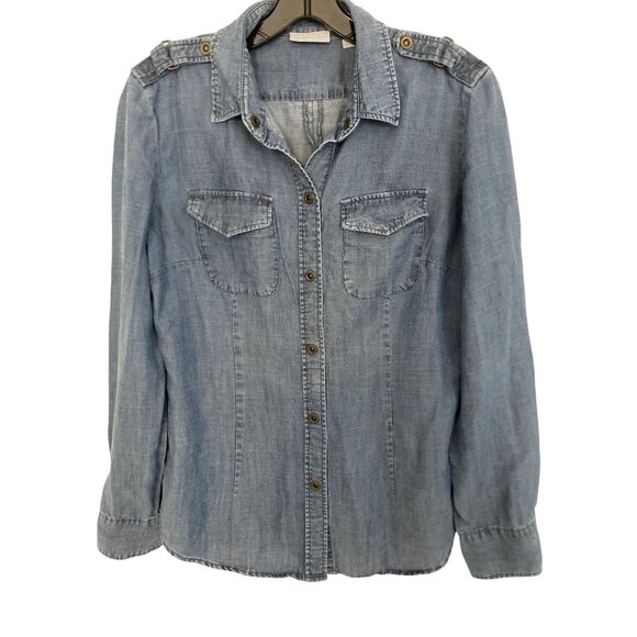 New York & Company Tops - New York & Company Women's Medium Light Blue Snap up Denim Shirt With Epaulettes